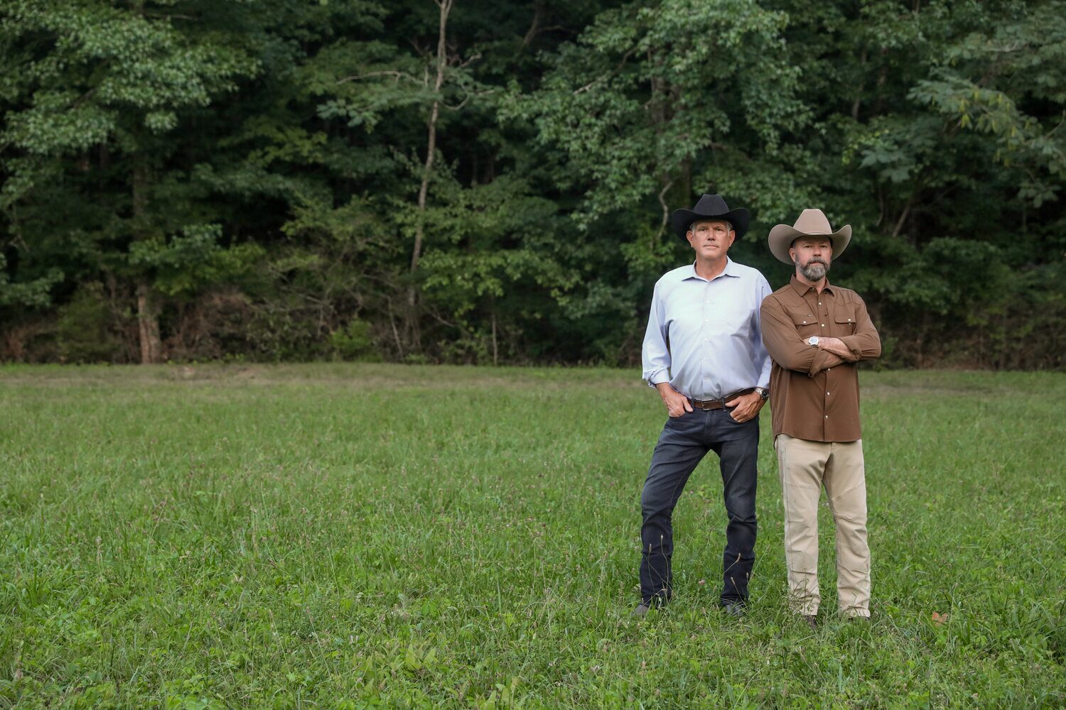 Geoff Ramsey and Geoff Hurdle standing in an open pasture near Chattanooga, Tennessee